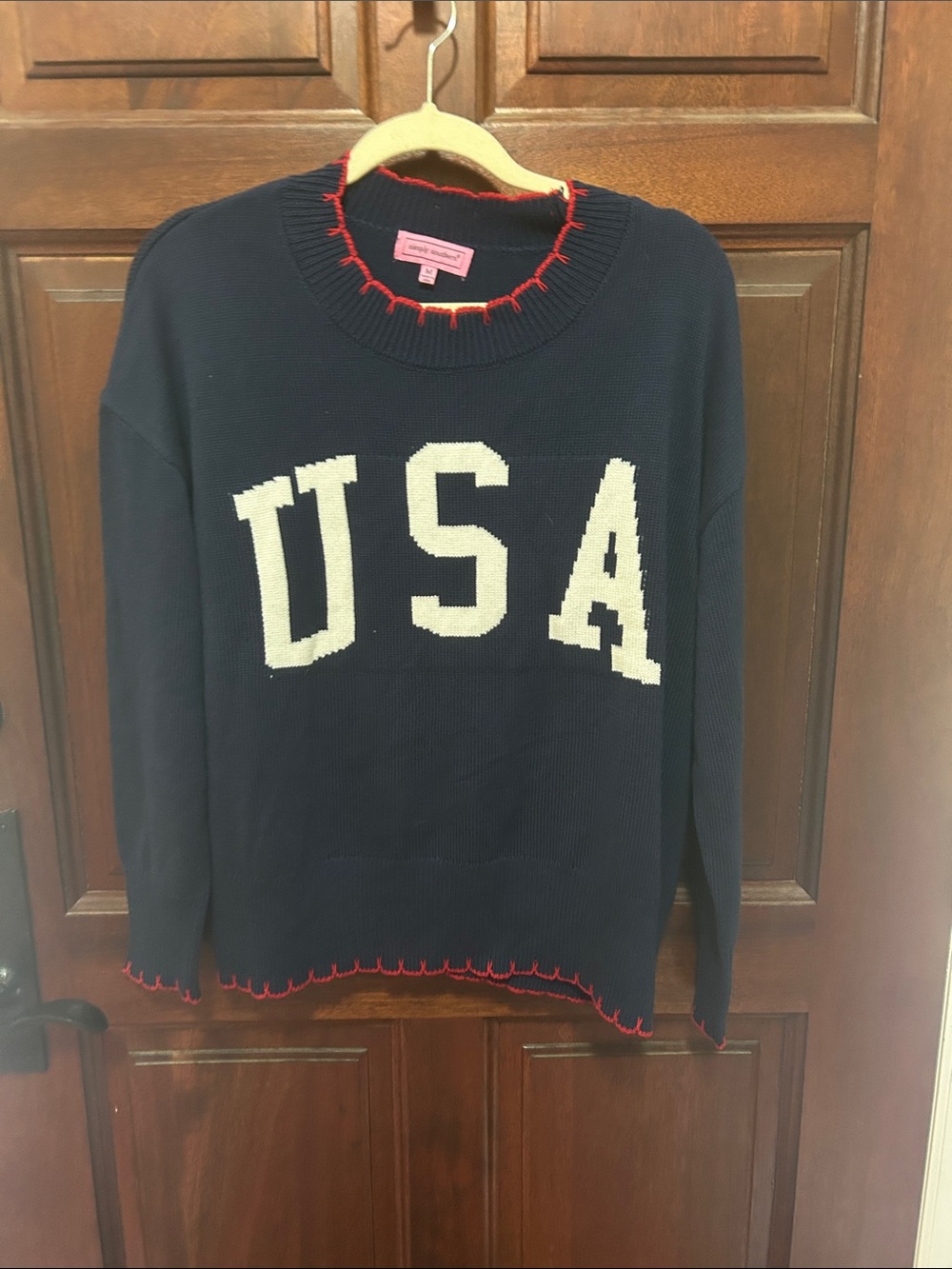 Simply Southern Navy Sweater with White USA Lettering and Red Trim